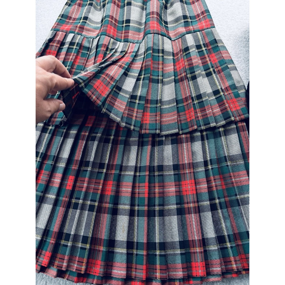 Vintage 80s Tartan Plaid 2pc Skirt Set Black Sweater Pleated Tiered Holiday 7/8 - Picture 14 of 15
